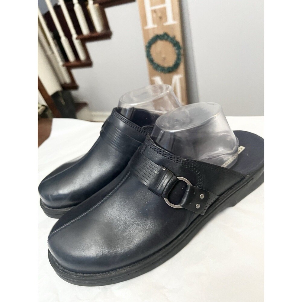 Clarks Collection Patty Lorene Clogs Size 10 Wide Navy Leather Cushion Mules